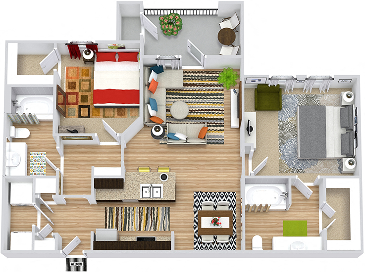 Floor plan for 2 beds, 2 baths, 1000 sqft